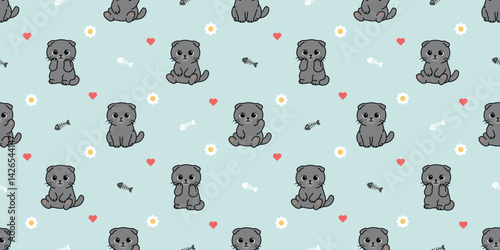 Cute scottish fold cartoon seamless pattern, vector illustration