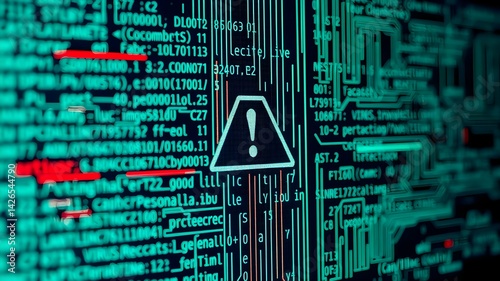 Warning Sign in Digital World: A digital display of complex code, dominated by shades of teal, is disrupted by an emphatic warning symbol
