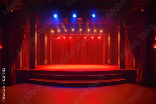 A surreal burlesque stage glowing under theatrical lighting with no performers, designed to capture vintage glamour, mysterious mood, and artistic ambience before a late-night cabaret begins