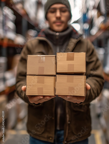 Man holding four cardboard boxes in warehouse. Logistics and delivery concept. Industrial storage background with blurred shelves. Design for banner, poster, postcard, header
