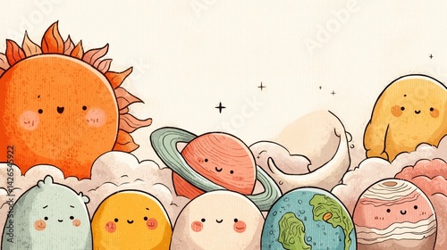 Obraz na płótnie Whimsical celestial characters play among clouds in a vibrant cosmic landscape, cartoon illustration. w salonie