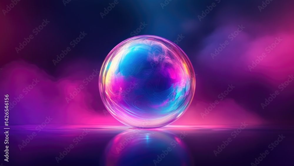 Iridescent Sphere Glowing with Neon Pink and Blue Lights in Smoky Atmosphere Iridescent Sphere Glowing with Neon Pink and Blue Lights in Smoky Atmosphere