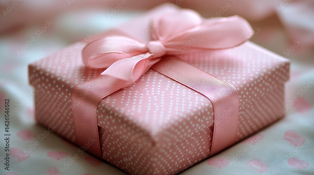 Flat Lay of Pink Gift Box with Ribbon and Copy Space for Online Promotions Flat Lay of Pink Gift Box with Ribbon and Copy Space for Online Promotions