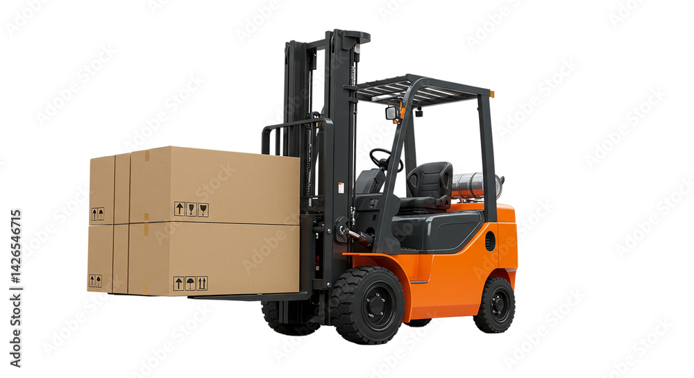 A forklift carrying two stacks of cardboard boxes on its forks against a black background in a warehouse A forklift carrying two stacks of cardboard boxes on its forks against a black background in a warehouse