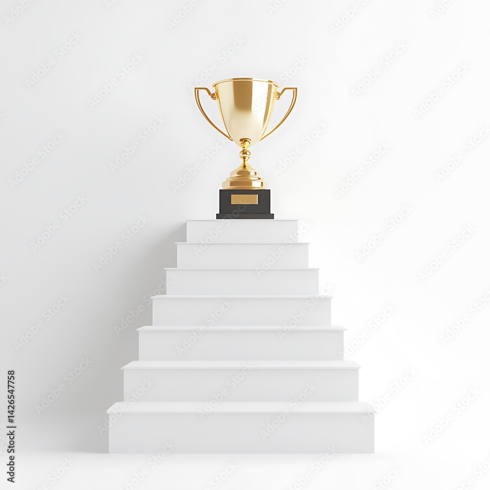 Trophy on white platform with steps representing success, reward, and accomplishment in minimalist decor image Trophy on white platform with steps representing success, reward, and accomplishment in minimalist decor image