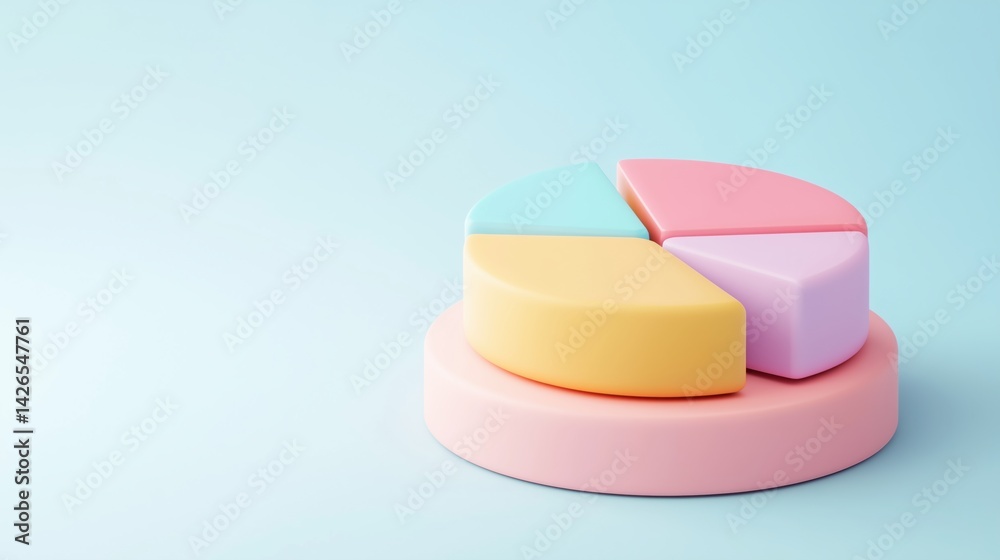 3D Colorful pie chart model illustrating data representation on a pastel background.