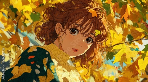 An anime character with fall leaves gently falling through their hair, wearing a soft sweater and standing amidst autumn trees, embodying the cozy essence of the season
