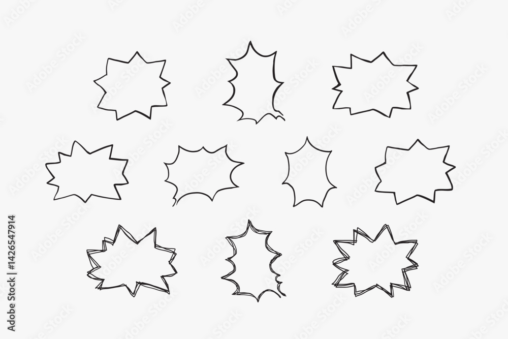 A collection of simple lines hand drawn speech bubbles in various shapes. Set of simple of hand drawn speech bubbles in various sizes and shapes. Set of simple lines hand drawn speech bubbles