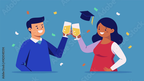 A man and woman raising their glasses in celebration as they make the final payment on one of their student loans a milestone they have been working. Vector illustration
