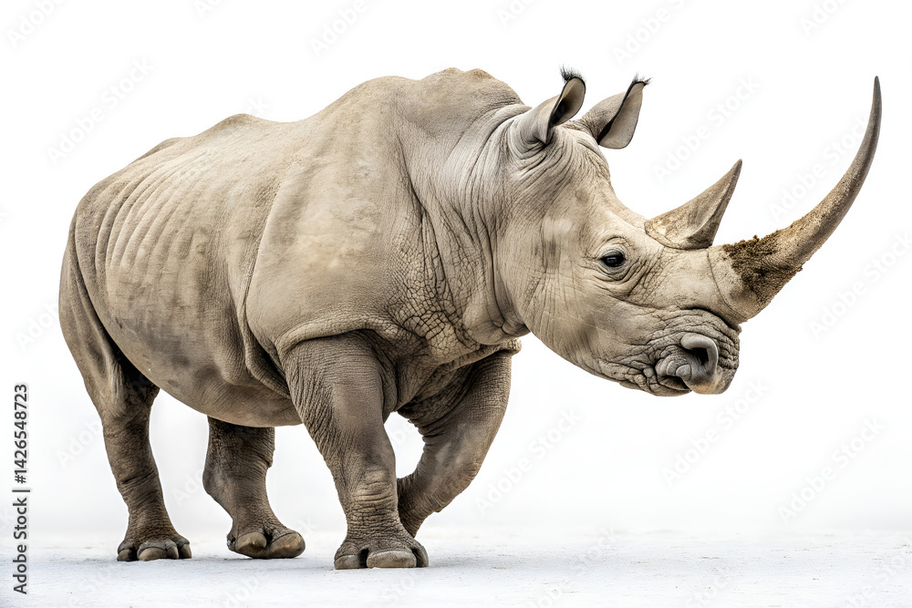 Fototapeta premium A large, horned white rhinoceros, a wild mammal also known as Ceratotherium simum, stands isolated against a white background