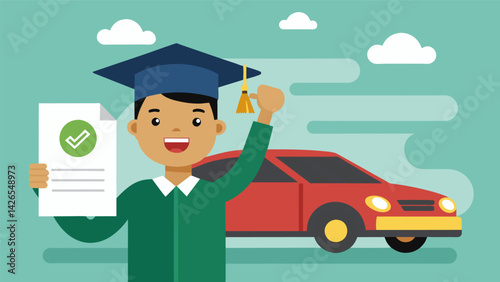 A student proudly holding up their diploma a new car with a large paid in full sign in the background.. Vector illustration