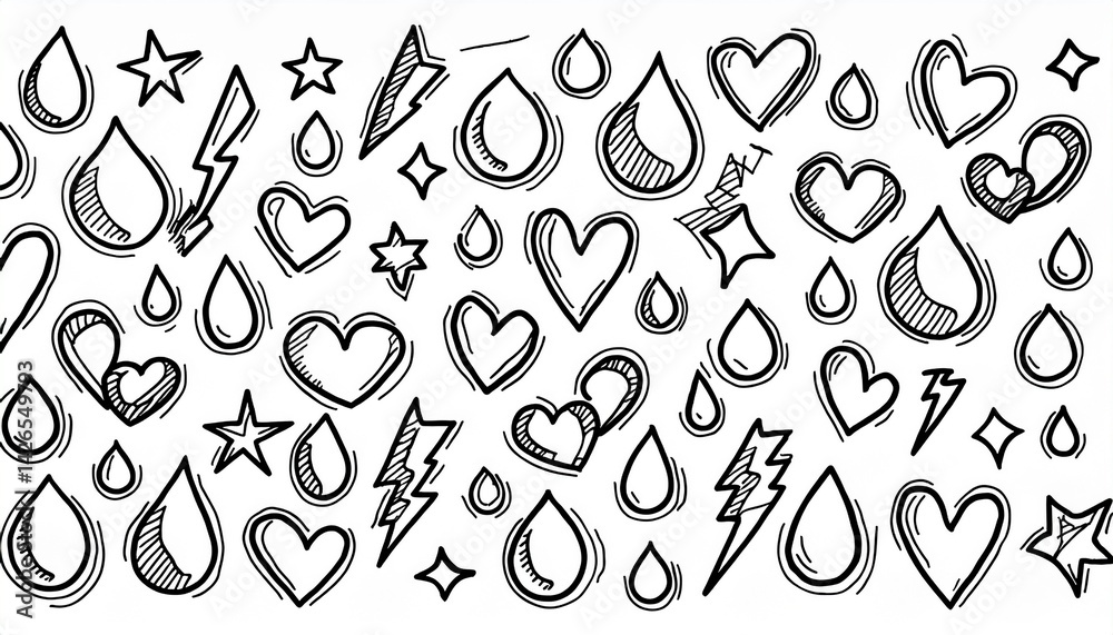 Hand-drawn doodles of hearts, stars, lightning, water drops, etc. Hand-drawn doodles of hearts, stars, lightning, water drops, etc.