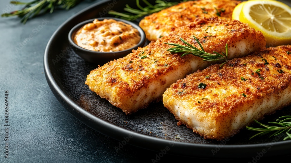 Crispy pan-fried white fish fillets with a side of herb sauce Crispy pan-fried white fish fillets with a side of herb sauce
