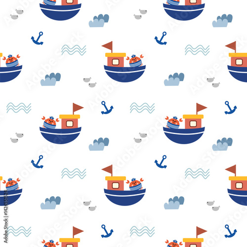 Crab in ship cartoon so cute. On anchor cloud fish white background. Pattern seamless vector illustration. 