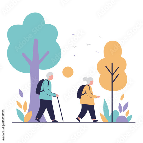 Active elderly enjoying nature walking under trees and plants  