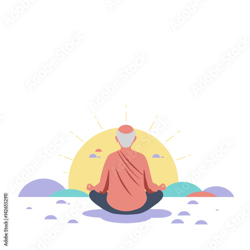 Elderly man meditating at sunrise in a serene landscape  