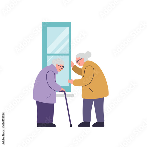 Elderly persons discussing near a cold window  