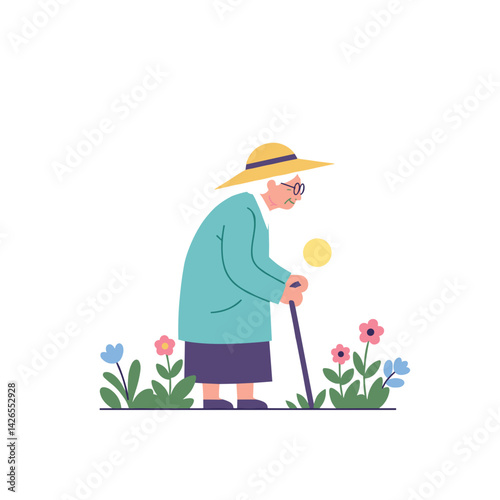Elderly woman in garden bending down to admire flowers in sunlight  