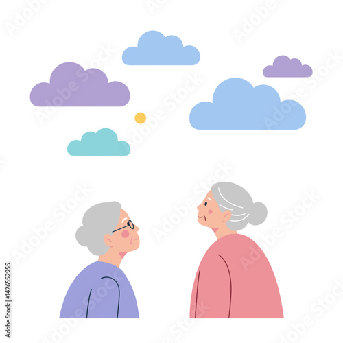 Elderly women looking at clouds, contemplating their thoughts, against a serene sky  