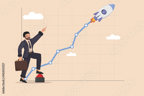 Rocket Launch to Success Illustration of a businessman starting a rocket for business growth.