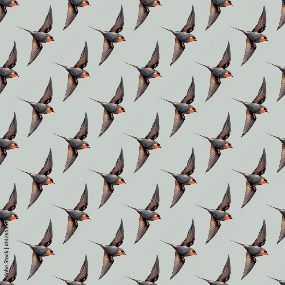 Fototapeta premium Watercolor birds flying swallows seamless pattern vector illustration