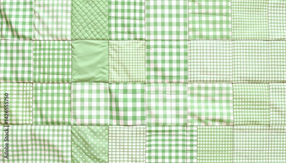 Mint green patchwork quilt featuring gingham, grid, and vichy check patterns in pastel green and white, repeating, grid Mint green patchwork quilt featuring gingham, grid, and vichy check patterns in pastel green and white, repeating, grid