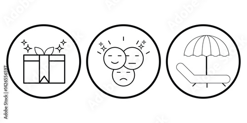 Benefit features icon set vector illustration of gift reward emotional satisfaction and vacation time off in minimal outline style for employee perks.