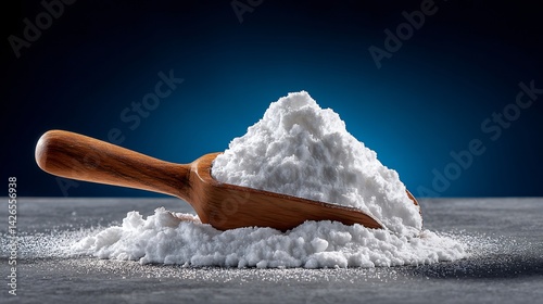 A low key shot of inositol powder in an open scoop on dark background under side spotlight