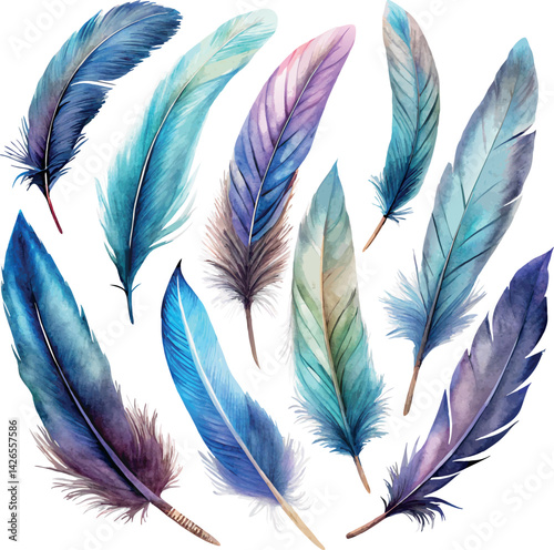 Blue purple indie colorful feathers blue hand painted watercolor vector illustration set