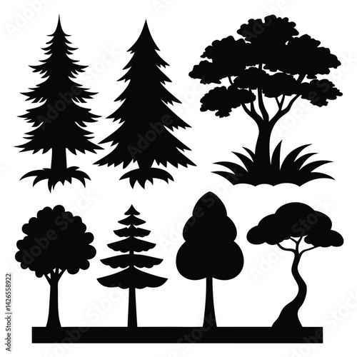 Vector silhouette of tree on white background. Tree silhouette vector. Isolated forest trees.