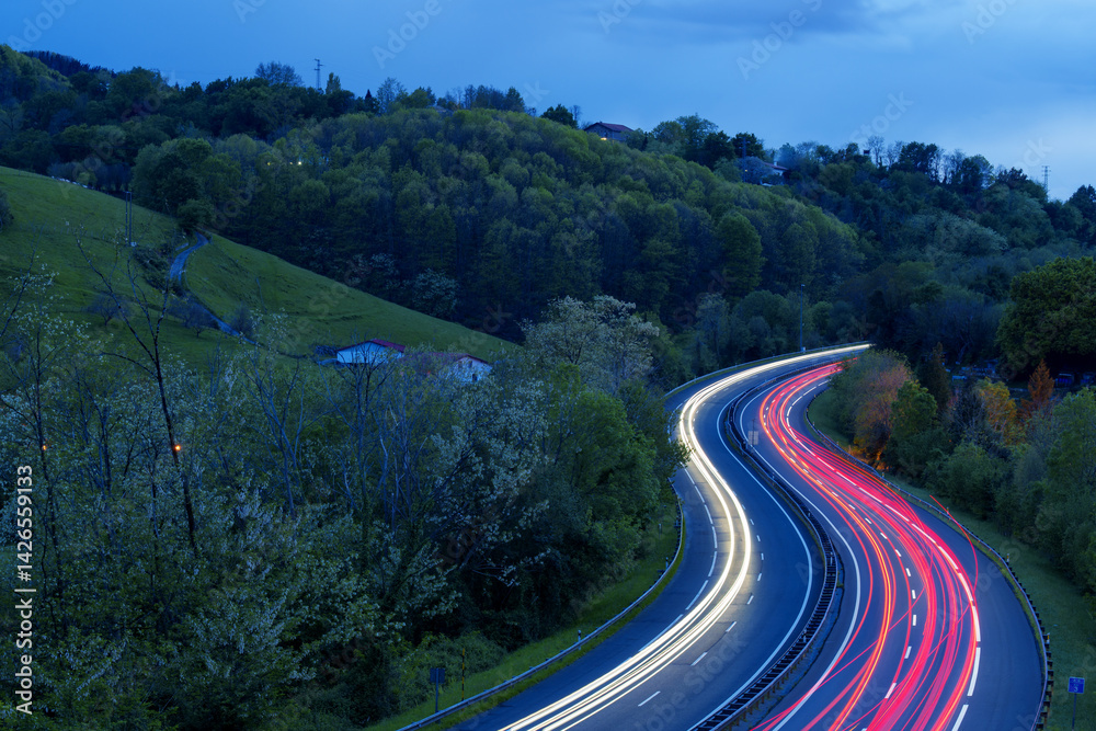 Under the soft darkness of the night, the lights of the cars shone on the road, illuminating the way like beacons guiding travelers on the AP-8 in the Basque Country.