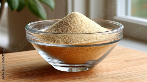 A soft morning light image of taurine powder in a glass bowl on pale wood surface