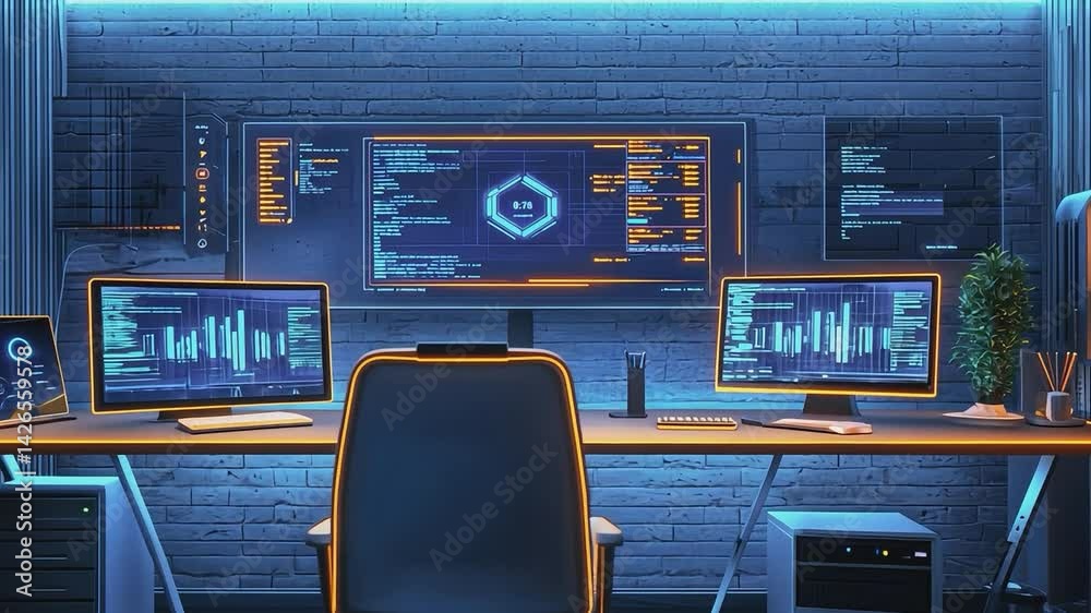 Digital Fortress: A meticulously designed workstation radiates a cutting-edge aesthetic, the glowing screens of computers and data points creating a dynamic and immersive technological display.