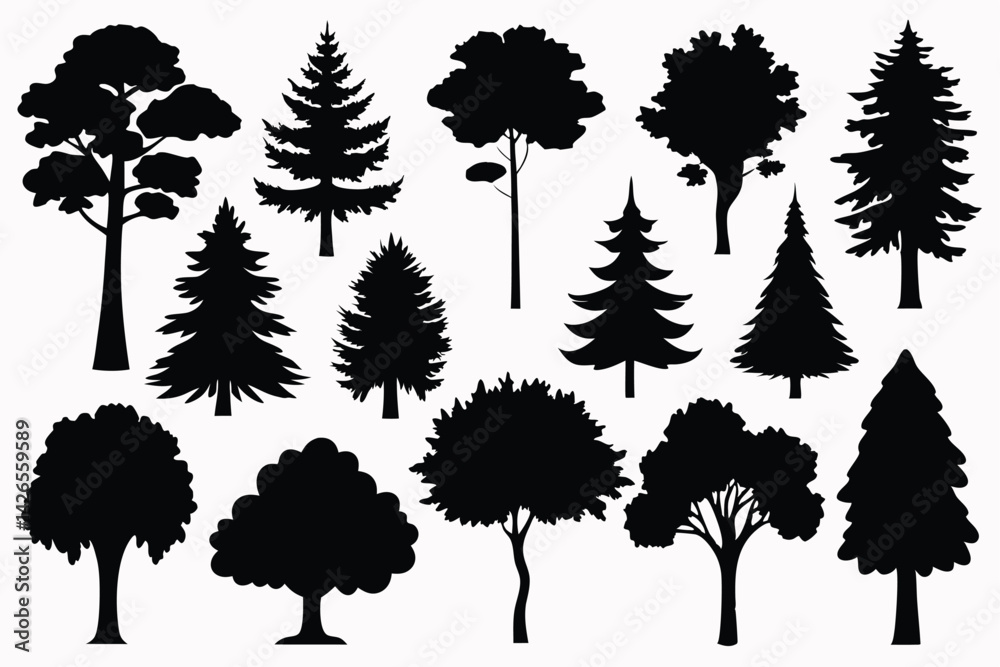 Fototapeta premium Vector silhouette of tree on white background. Tree silhouette vector. Isolated forest trees.