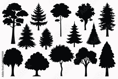 Vector silhouette of tree on white background. Tree silhouette vector. Isolated forest trees.