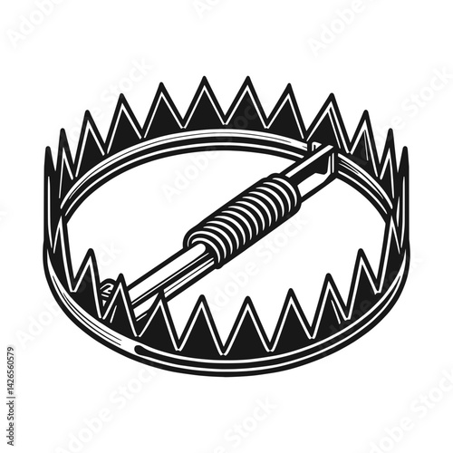 Minimalist bear trap vector illustration drawn in clean sharp symmetrical line-art style. Weapon and danger concept