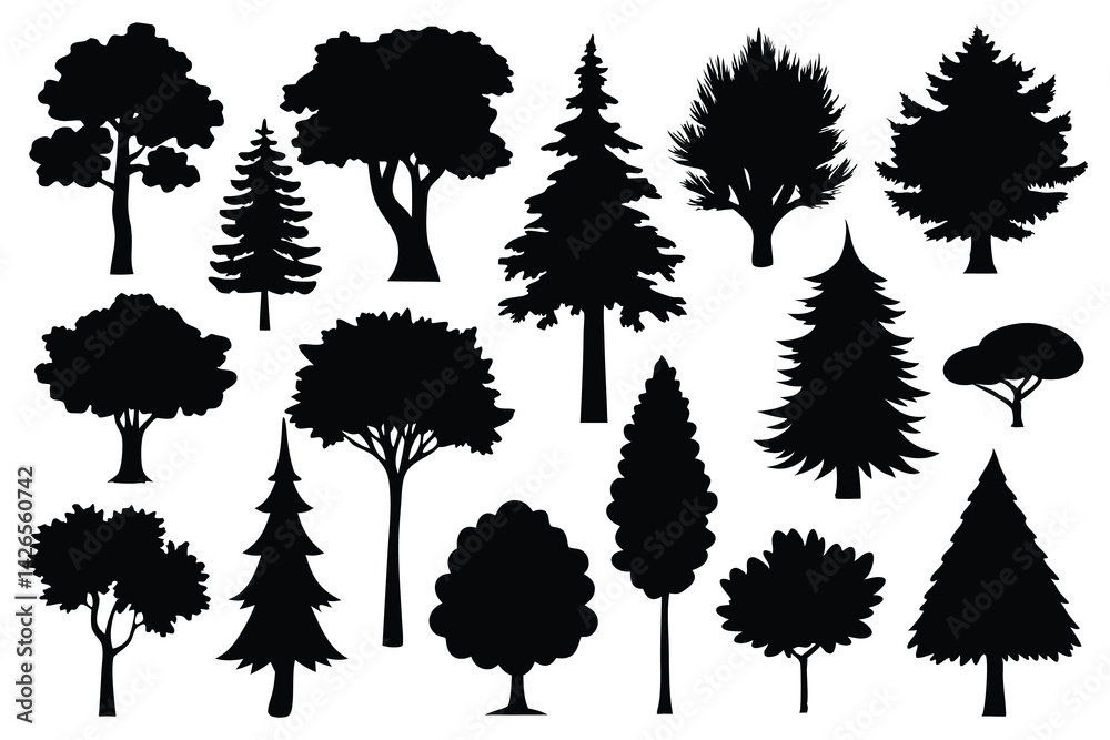 Fototapeta premium Vector silhouette of tree on white background. Tree silhouette vector. Isolated forest trees.