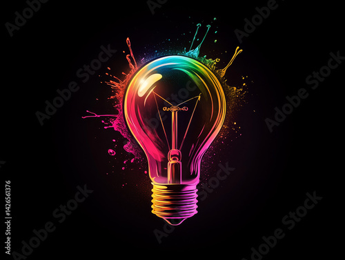 Vibrant lightbulb with colorful splash effect. Creativity Imagination Blooming of ideas