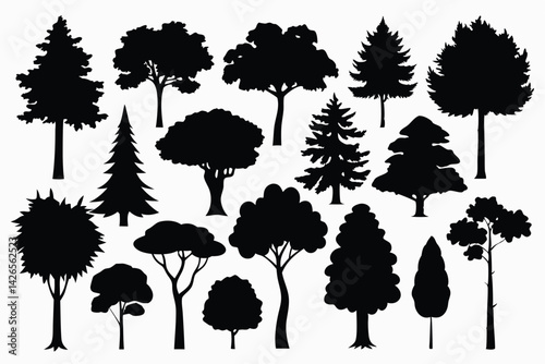 Vector silhouette of tree on white background. Tree silhouette vector. Isolated forest trees.
