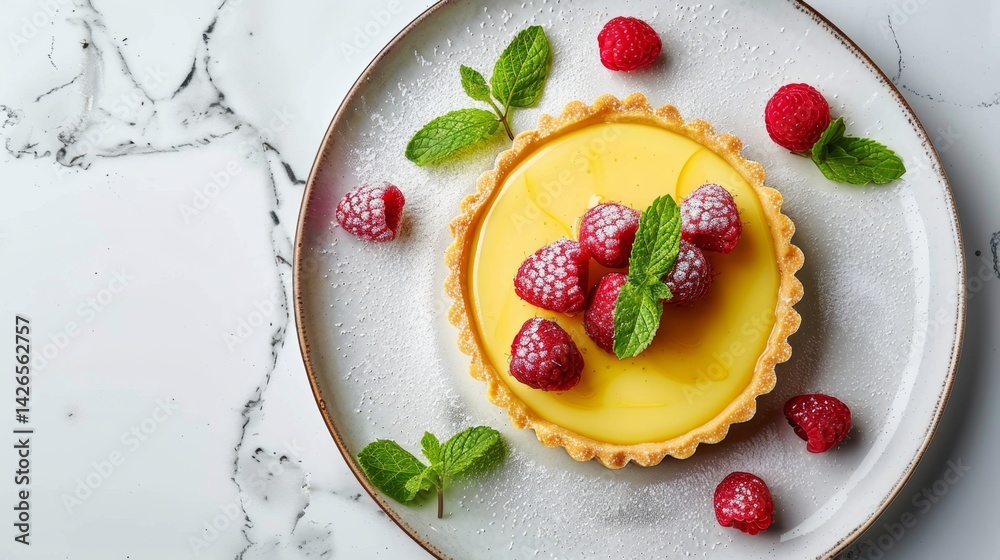 Top view of lemon tart parts with fresh raspberries and mint, plated on marble background Top view of lemon tart parts with fresh raspberries and mint, plated on marble background