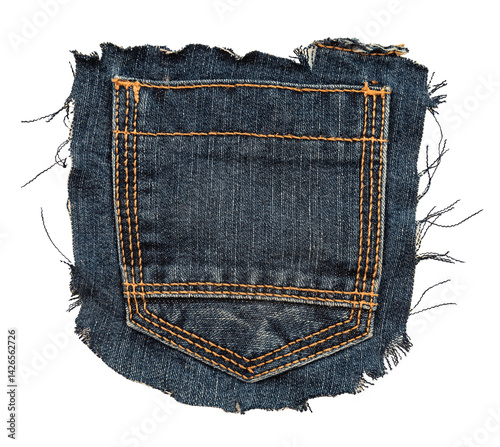 Piece of torn denim on a white background. Denim texture. Pocket