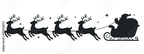 Black Silhouette Of Santa Claus In Sleigh With Reindeers Flying Across The Sky During Christmas Night