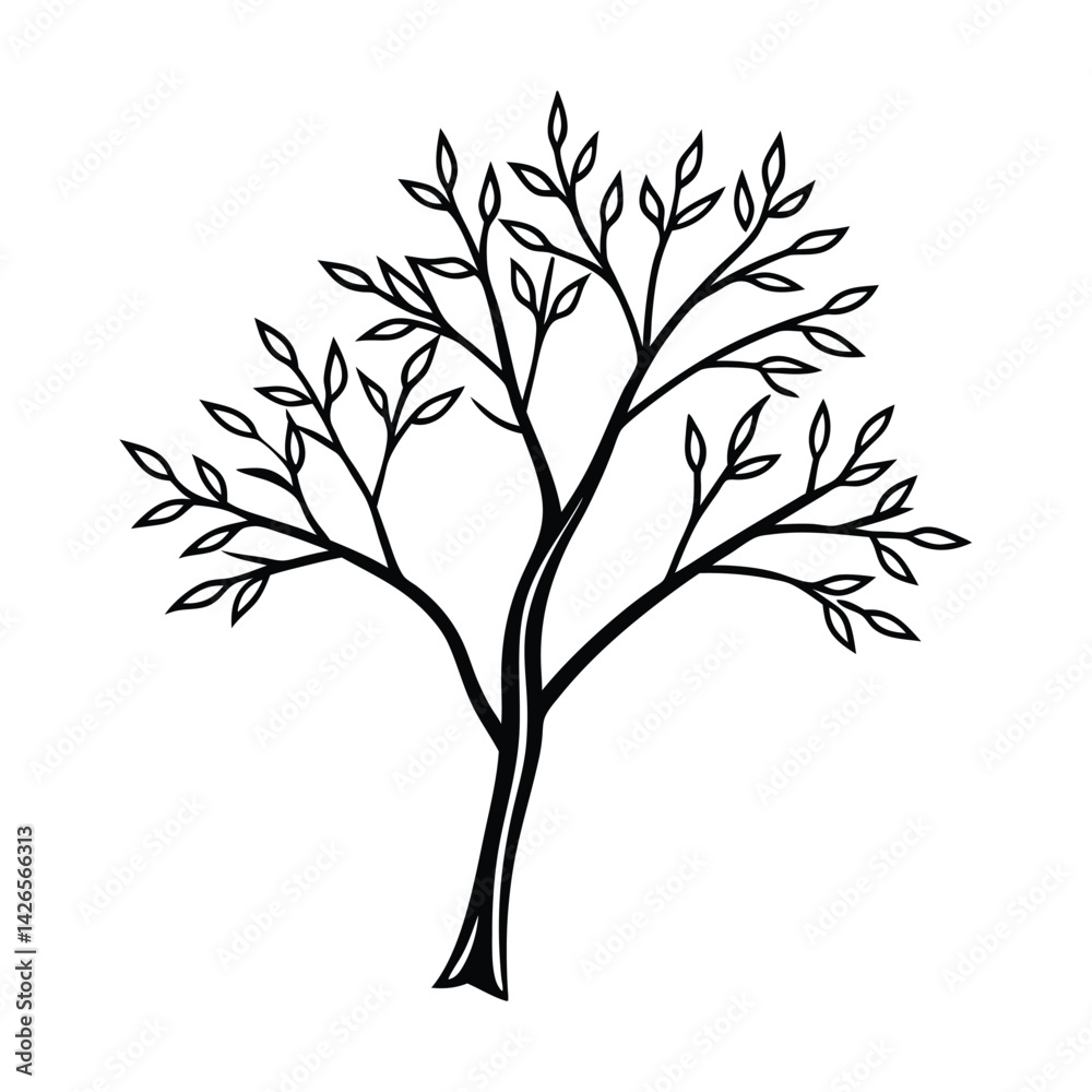 Minimalist tree illustration simple branch and leaf outline design on a white background Minimalist tree illustration simple branch and leaf outline design on a white background