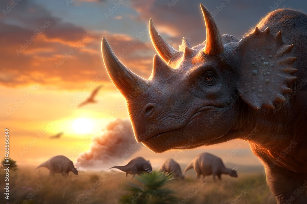 Fototapeta premium Prehistoric rhinoceros like creature silhouetted against a dramatic sunset