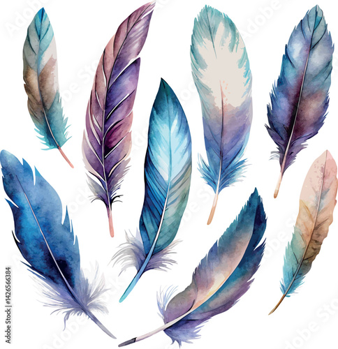 Indie blue purple green colorful feathers blue hand painted watercolor vector illustration set