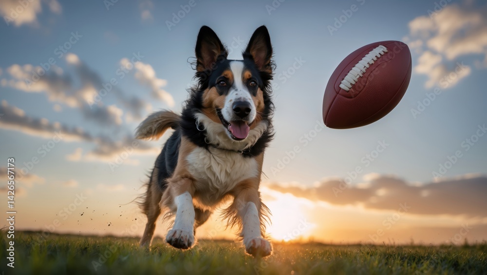 Playful dog chasing a flying football during sunset, with a vibrant sky and grassy field