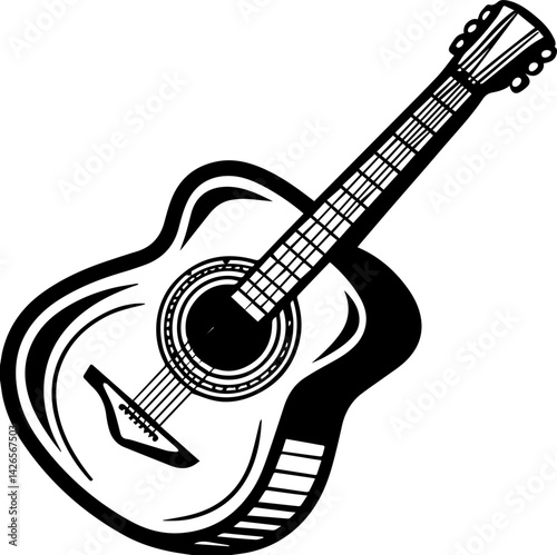 
Classic acoustic guitar illustration, SVG vector with clean lines, music-themed. Elegant Acoustic Guitar Illustration in Monochrome Style