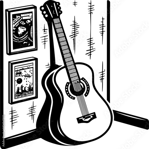 
Classic acoustic guitar illustration, SVG vector with clean lines, music-themed. Acoustic Guitar Against a Wall with Artwork Decor