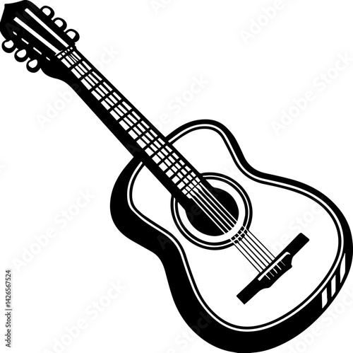 
Classic acoustic guitar illustration, SVG vector with clean lines, music-themed. Black and White Vintage Acoustic Guitar Icon Illustration