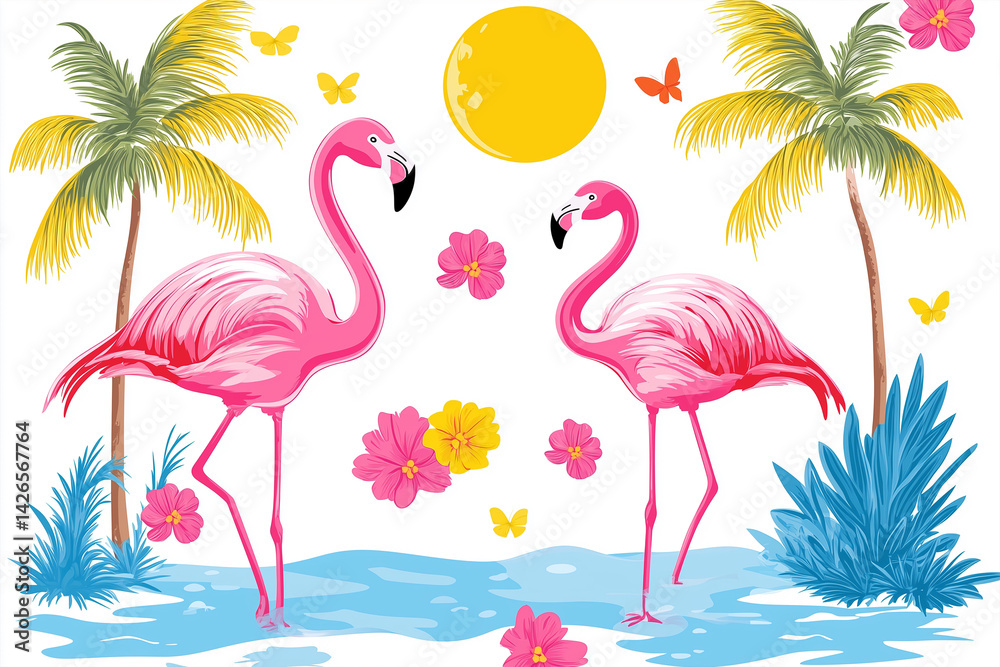 Fototapeta premium Stylish Flamingo Artwork with Tropical Leaves – Trendy and Vivid Decorative Illustration